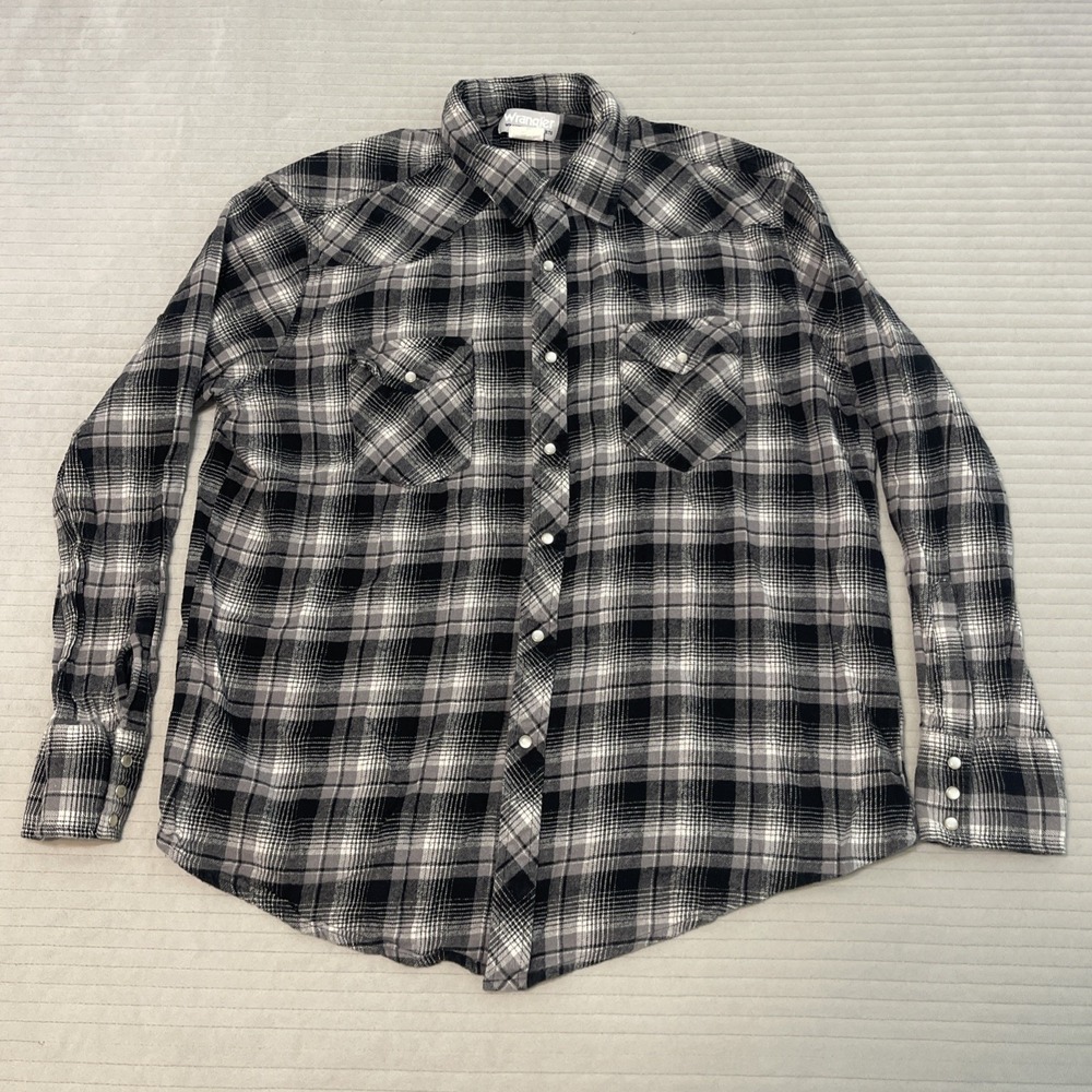 Wrangler Pearl Snap Shirt Mens Size XL black white Gray Plaid wrancher